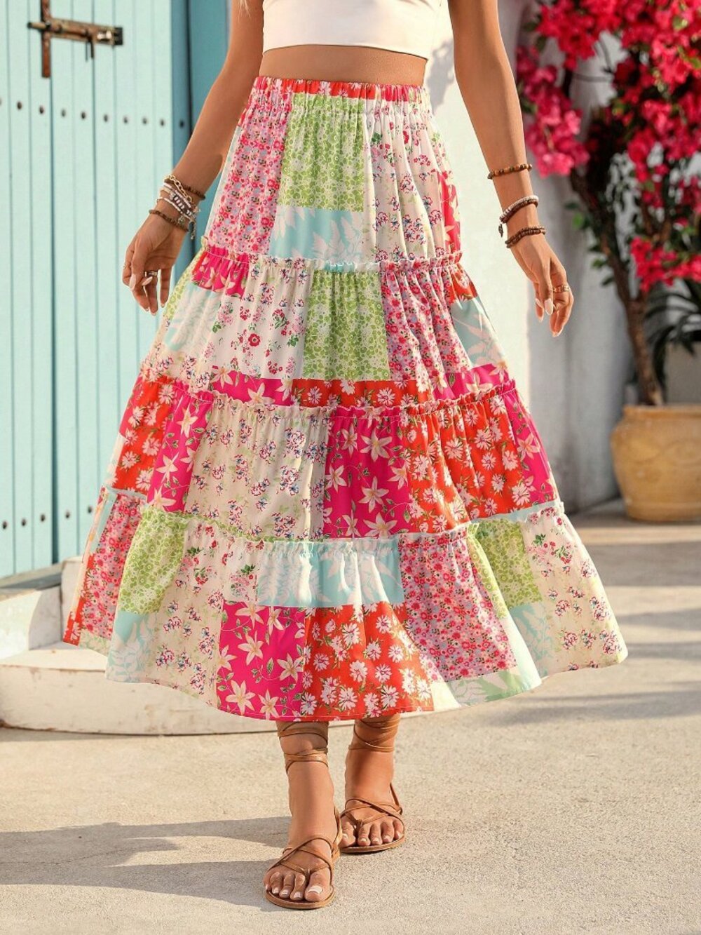 Multicolor boho Casual Women's Colorblock Floral Print Ruffle Hem maxi Skirt - Picture 7 of 10
